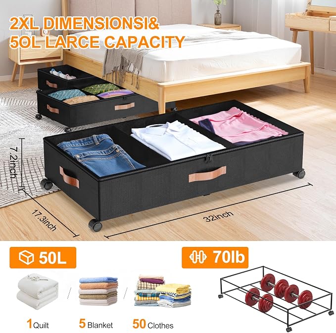 Under Bed Storage with Wheels, 2 Pack Under Bed Storage Containers with - Image 5