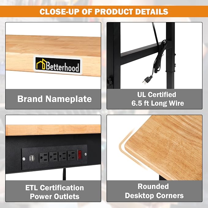 Betterhood Adjustable Height Workbench, 2000 LBS Load Capacity Hardwood - Image 4