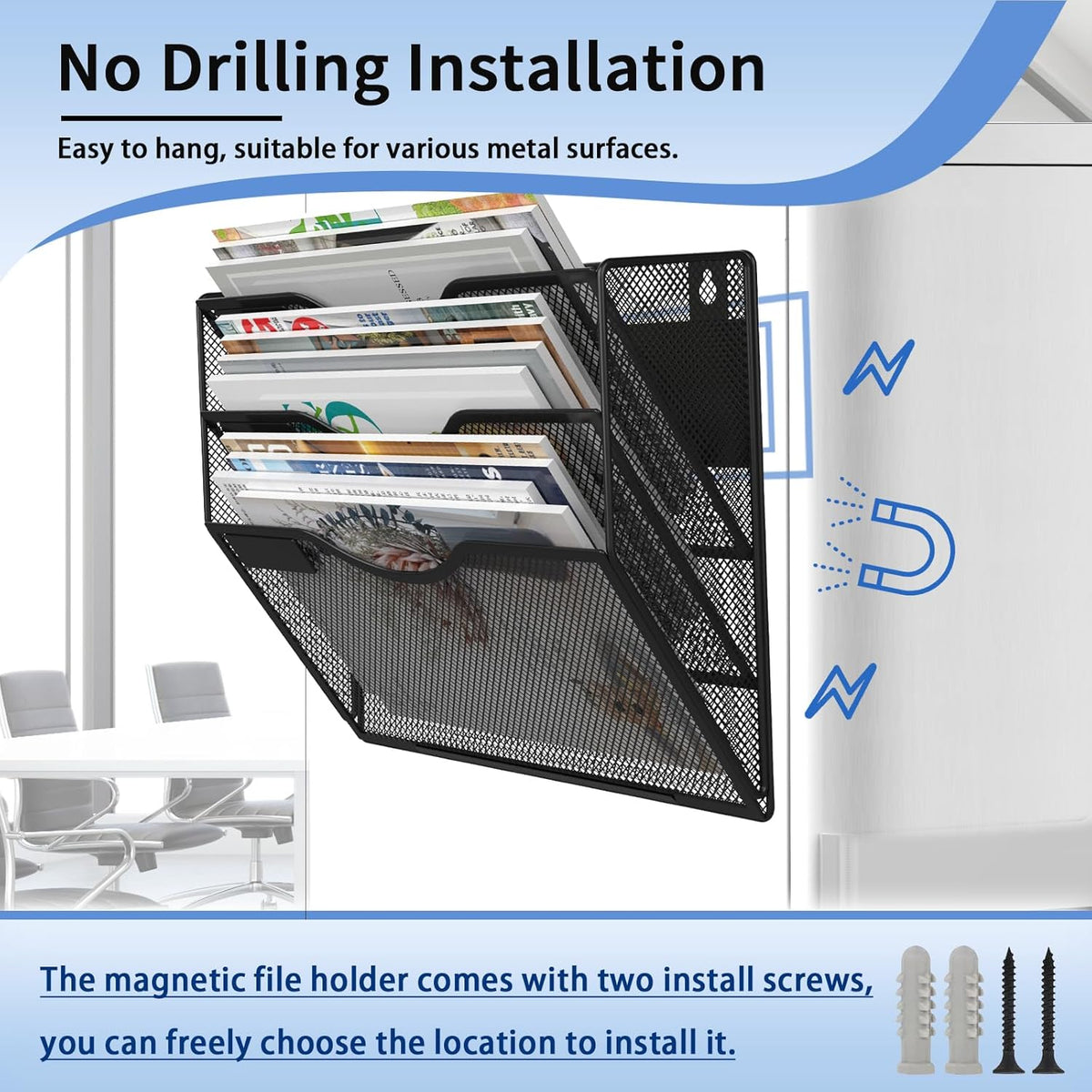 3-Tier Magnetic File Holder, No Drilling Installation File Cabinet