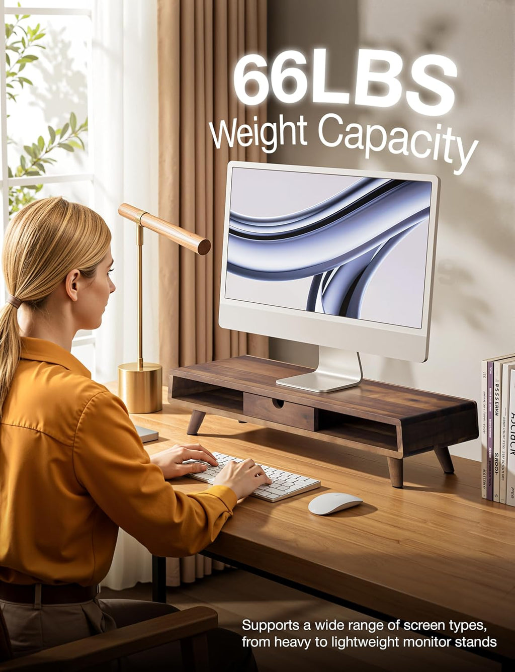 Wood Monitor Stand with Drawer & Storage, Walnut Color (Patented)