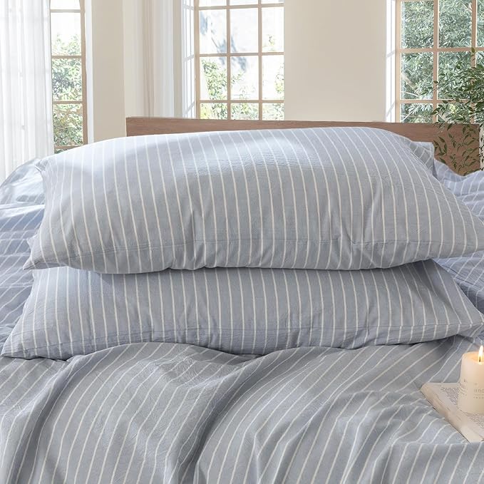 MooMee Bedding Pillowcases Striped Pack of 2 100% Washed Cotton Linen Like by MOOMEE