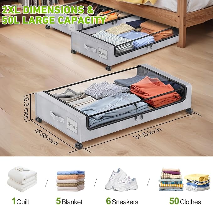 Under Bed Storage with Wheels, Under Bed Shoe Storage Organizer, Rolling Under - Image 2
