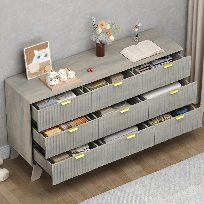 Fluted 9 Drawer Dresser, 57.1" Wide Modern Boho Chest of Drawers, Wooden - Image 4