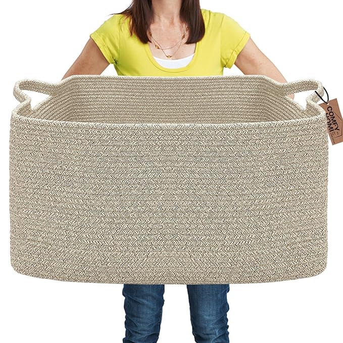 COMFY-HOMI Large Rectangular Blanket Basket, Woven Cotton Rope Baskets by COMFY-HOMI