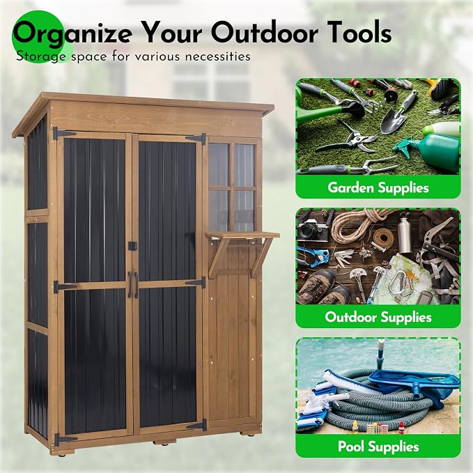 Large Storage Shed, Wood & Metal Outdoor Storage Cabinet - Image 6