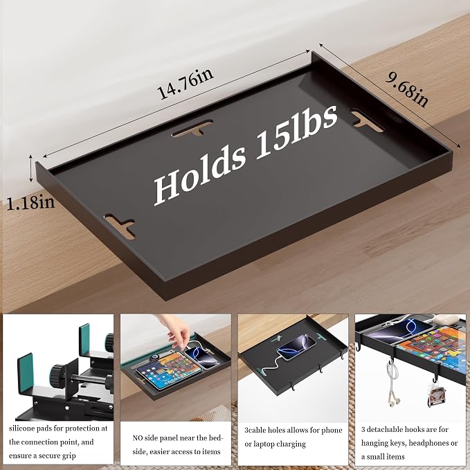 Foldable Bedside Shelf, Metal Clip-On Bed Tray Table - Image 5