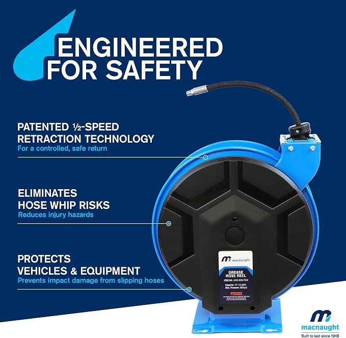 Macnaught M3 Slow Retraction Grease Safety Hose Reel 1/4” x 50 ft, Heavy Duty - Image 5