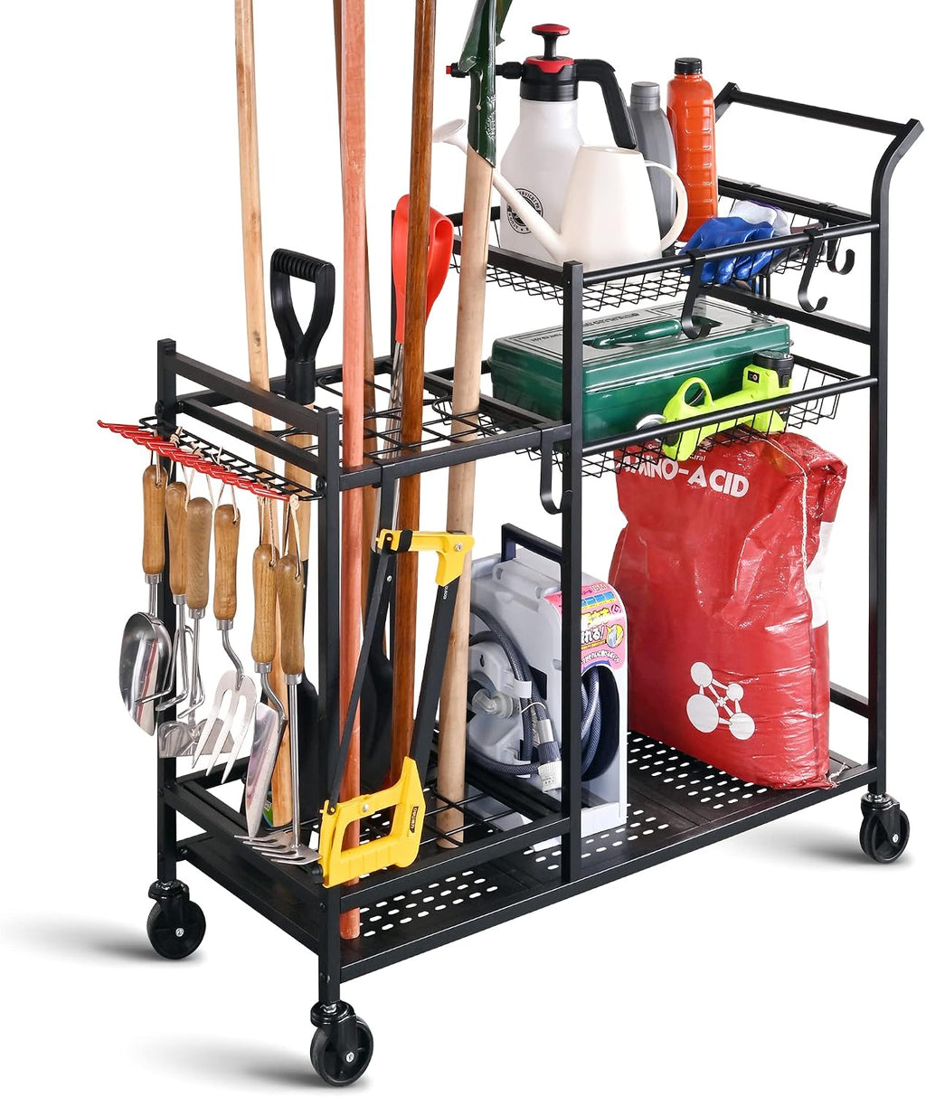 Rolling Garden Tool Organizer with Shelves and Hooks, Black