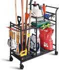 Rolling Garden Tool Organizer with Shelves and Hooks, Black