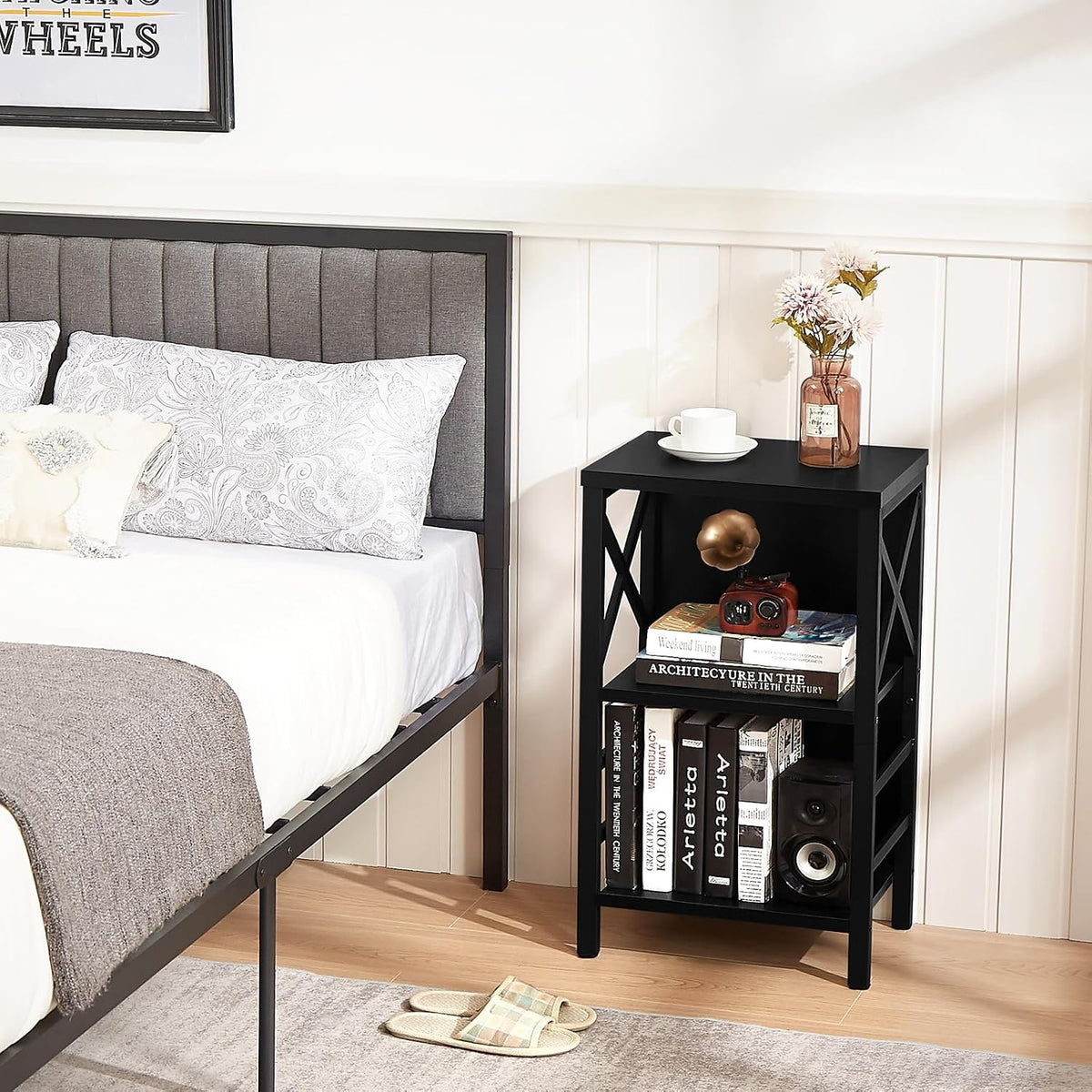 Small Bookshelf,3 Tier Industrial Bookcase with Metal Frame and