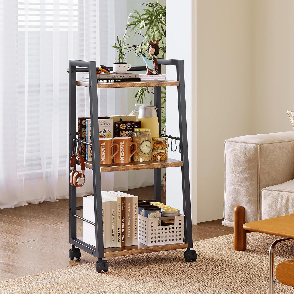Homeiju 3 Tier Kitchen Storage Cart with Lockable Wheels & 6 Hooks