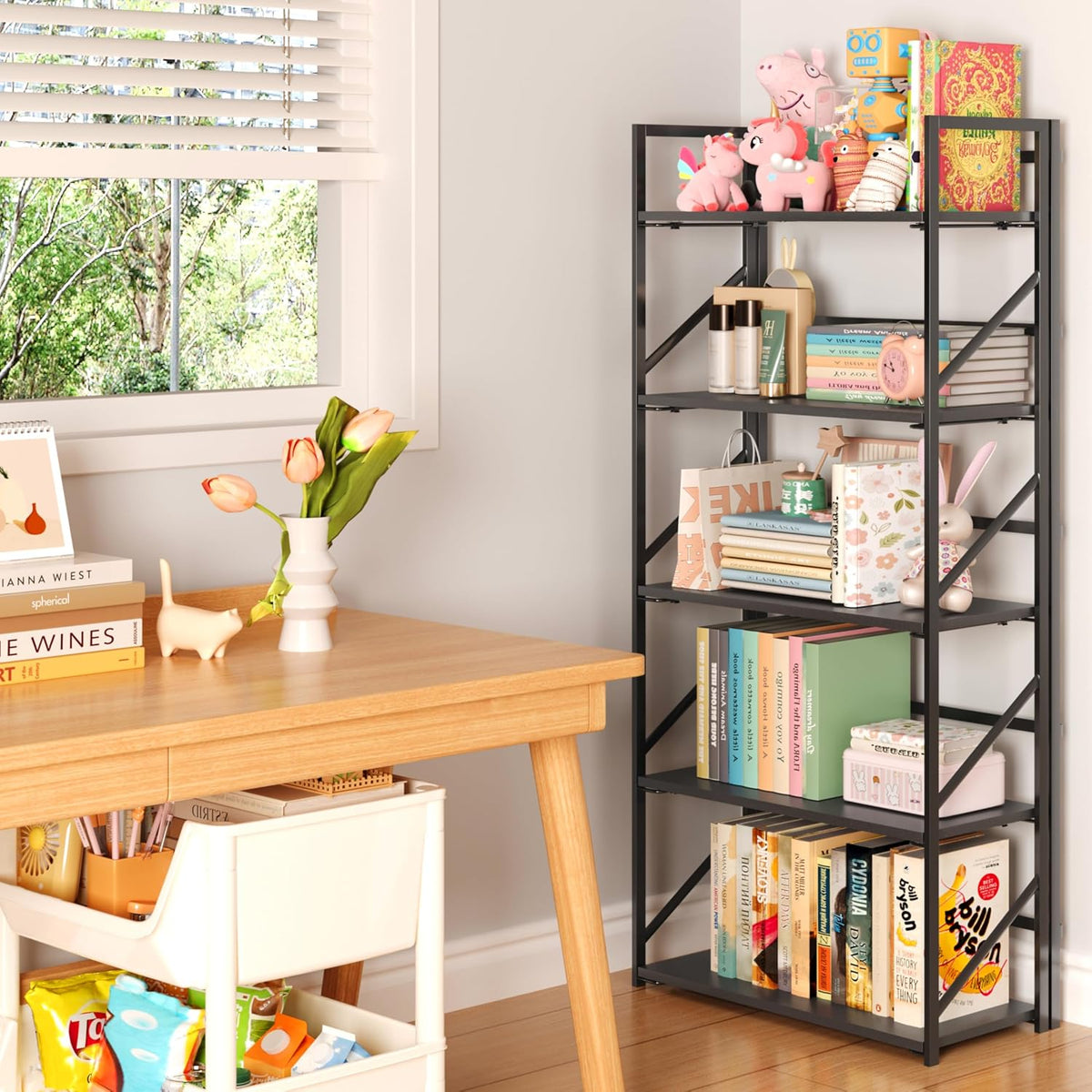 JSB No Assembly Folding Bookshelf, 5 Tier Industrial Metal Book Shelf