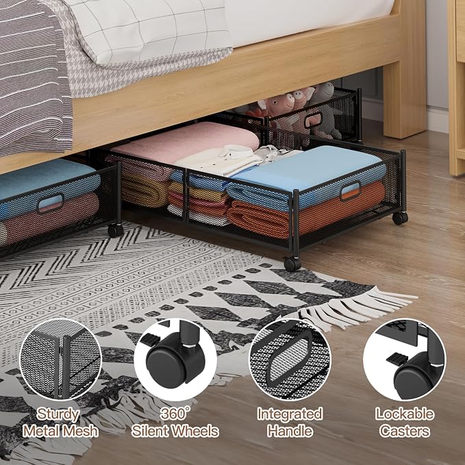 Under Bed Storage with Wheels, Foldable Metal Mesh Underbed Storage Container - Image 3