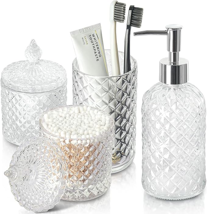 Bathroom Accessories Set, 4 Pack Clear Glass Bath Accessory Sets Complete by RYTOXILOBrightenUpYourHome
