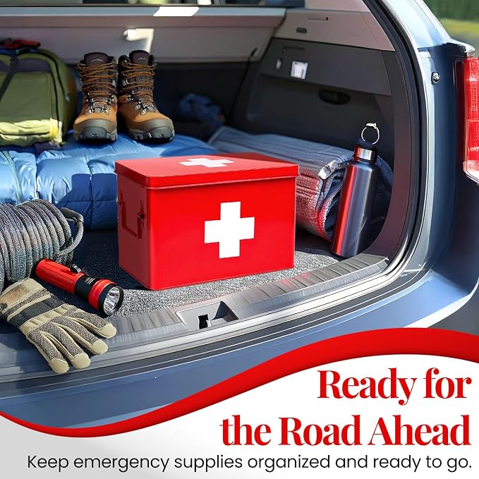 Flexzion First Aid Box Organizer Empty 13" Red Vintage First Aid Kit Tin Metal - Image 9