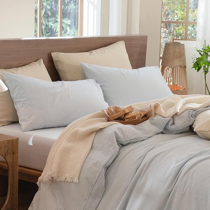 MooMee Bedding Pillowcases Striped Pack of 2 100% Washed Cotton Linen Like - Image 5