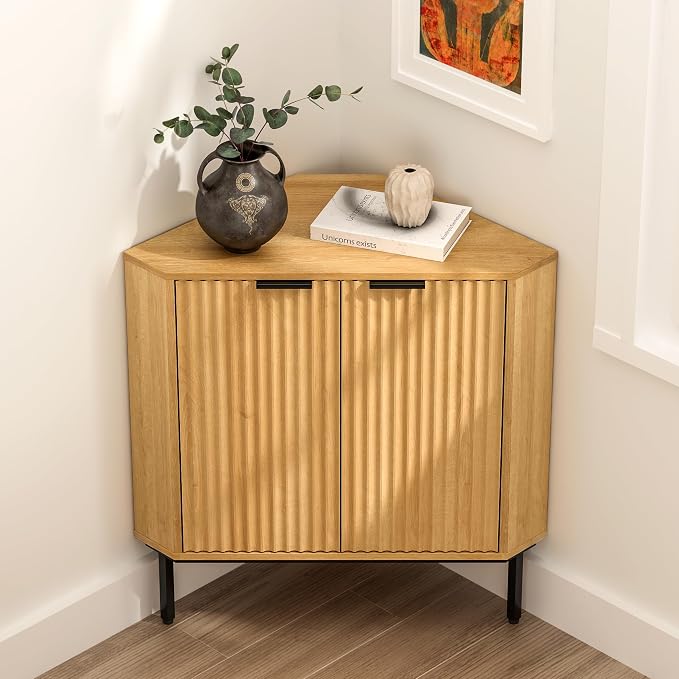 Fluted Corner Cabinet, Modern Small Corner Floor Cabinet by EYYTHUNG