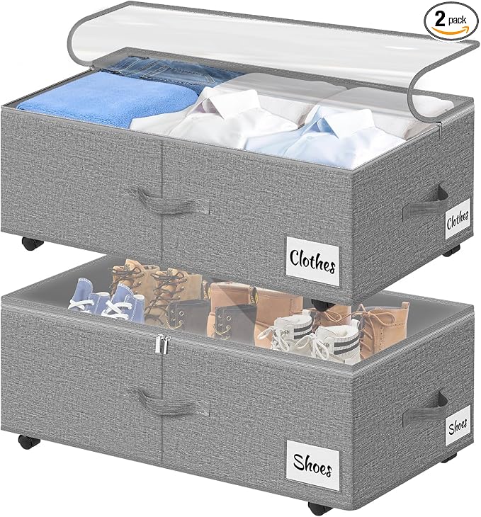 2 Pack Under Bed Storage with Wheels 10" Height, Rolling Storage Bins XXL 60L by KUKIKAN