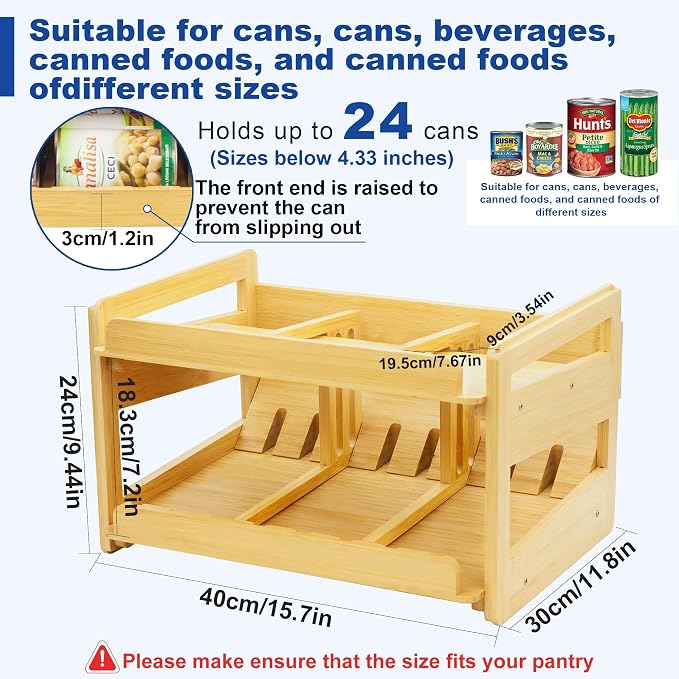 MinBoo Adjustable Can Organizer Rack, Two Tier Bamboo Stackable FIFO Cans - Image 2
