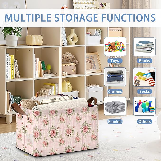 Vintage Pink Rose Storage Baskets, Foldable Large Capacity Organizer Bins - Image 6