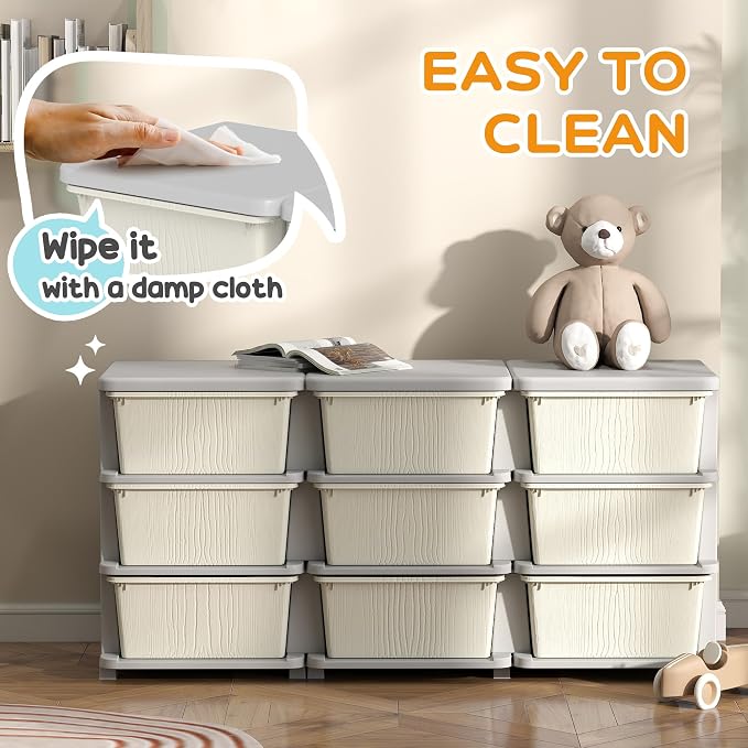 Qaba 3 Tier Kids Storage Unit, 9 Drawer Chest Toy Organizer Plastic Bins - Image 6