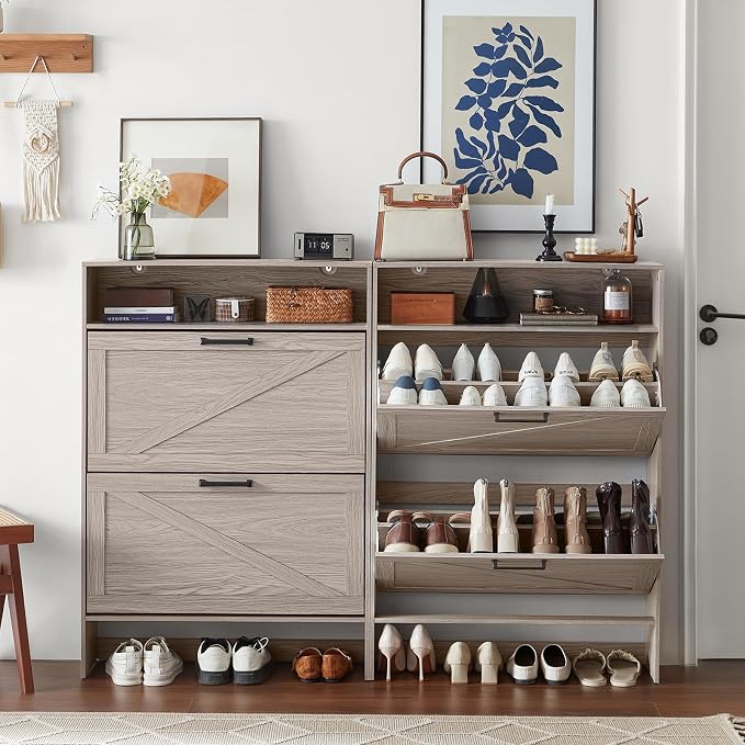 Shoe Storage Cabinet with 2 Flip Drawers, Farmhouse Narrow Shoe Organizer with - Image 5