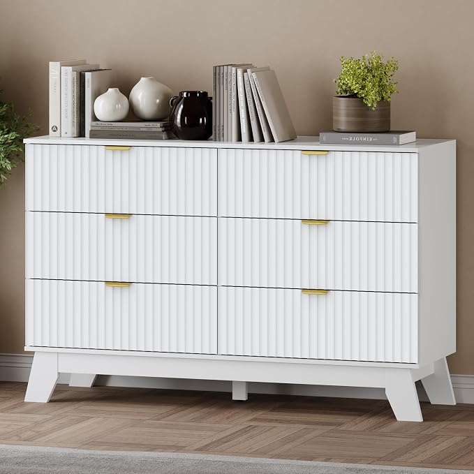 Fluted 6 Drawer Dresser, 47.2" Wide Modern Boho Chest of Drawers, Wooden by BORNOON