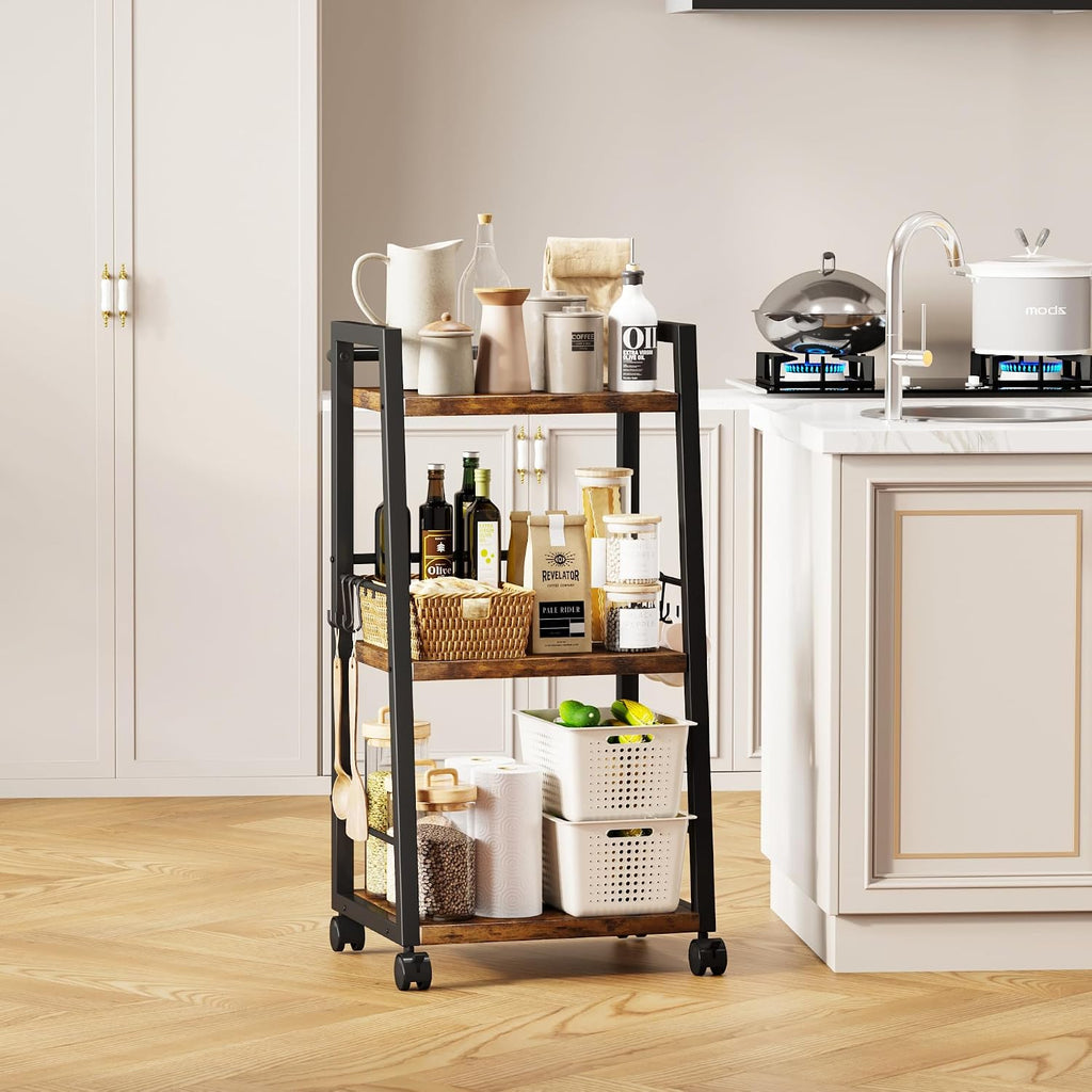 Homeiju 3 Tier Kitchen Storage Cart with Lockable Wheels & 6 Hooks