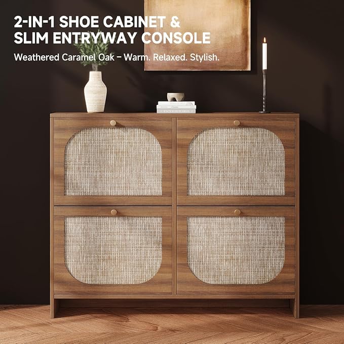 Nicetree Freestanding Ultra Slim Arched Rattan Accent Shoe Storage Cabinet - Image 3
