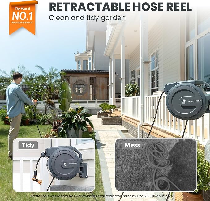 Giraffe Tools Retractable Hose Reel 1/2 in x130 FT PRO Metal Bracket Wall - Image 3