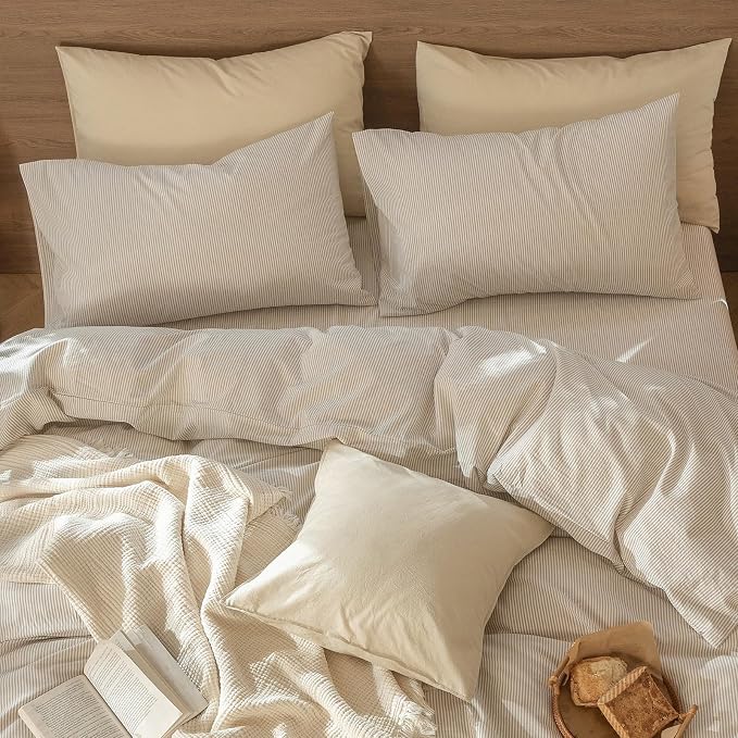 MooMee Bedding Pillowcases Striped Pack of 2 100% Washed Cotton Linen Like - Image 3