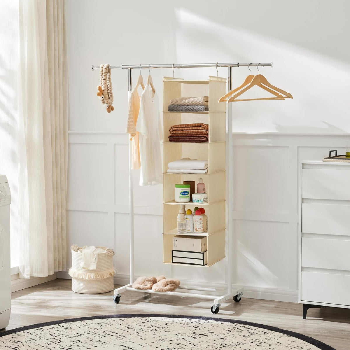 2 Pack 6 Tier Foldable Hanging Closet Organizer, Beige