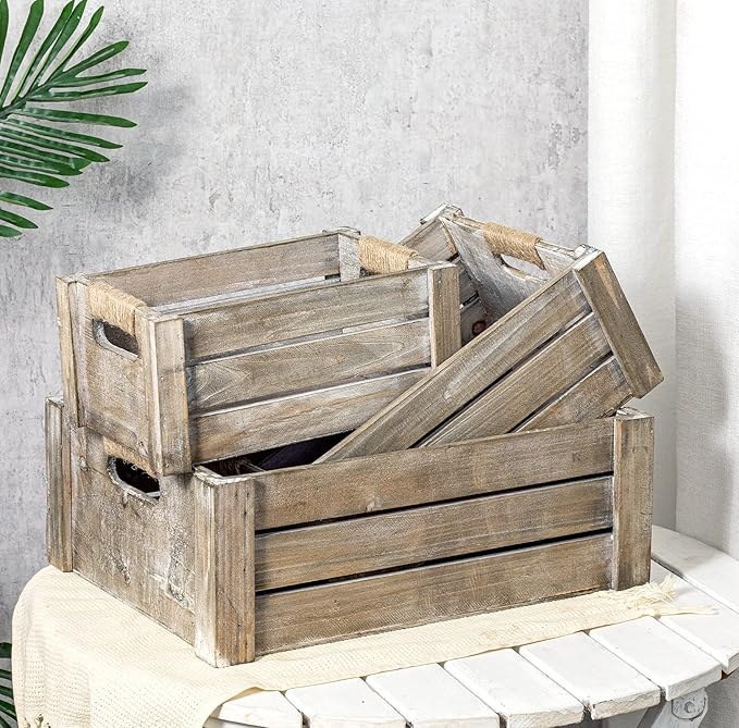 TIMRIS Set of 3 Rustic Wood Nesting Crates, Farmhouse Wooden Storage Container - Image 2
