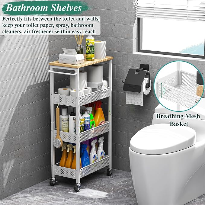 Utility Slim Storage Cart, 4-Tier Narrow Bathroom Organizers and Storage Cart - Image 4