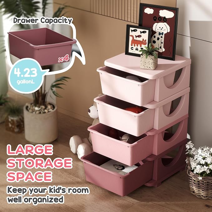 Qaba 4 Tier Kids Storage Unit, 4 Drawer Chest Toy Organizer Plastic Bins - Image 3