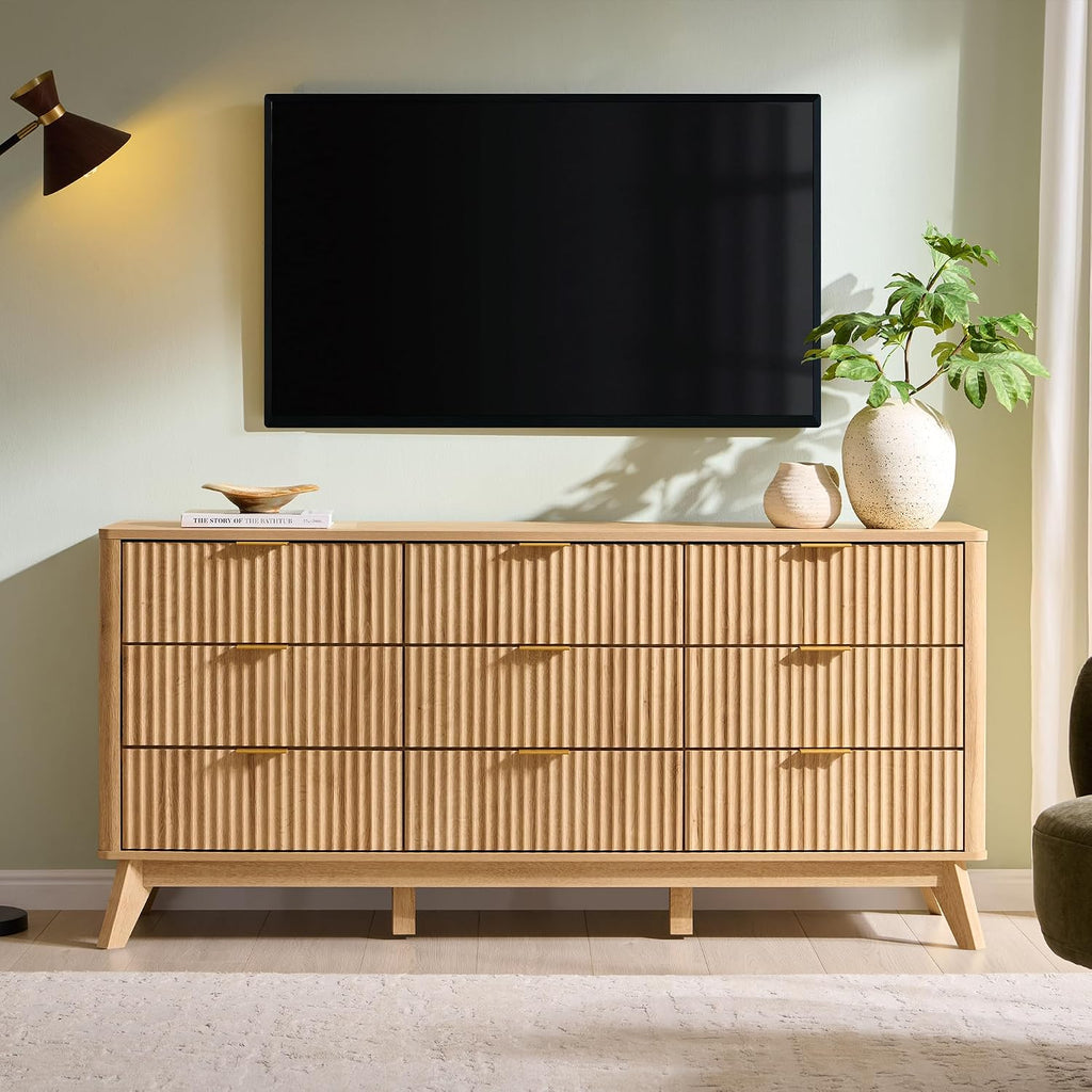 T4TREAM 63" Wide Fluted 9 Drawer Dresser for Bedroom, Natural Oak