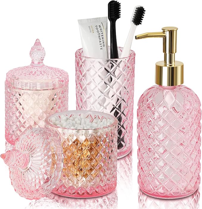 Pink Bathroom Accessories Set, 4 Pack Pink Bathroom Decor Accessory Sets by RYTOXILOBrightenUpYourHome
