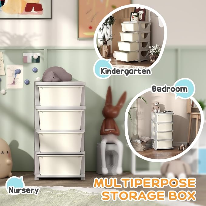 Qaba 4 Tier Kids Storage Unit, 4 Drawer Chest Toy Organizer Plastic Bins - Image 6