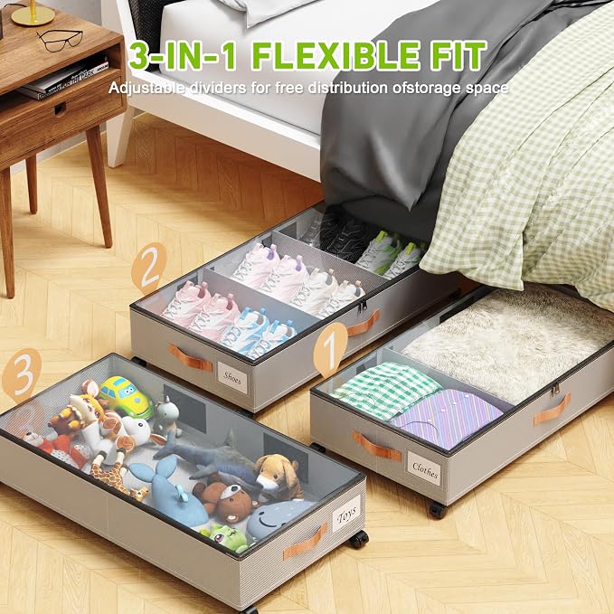 Under Bed Storage with Wheels, 1 Pack Under Bed Storage Container with Dividers - Image 3