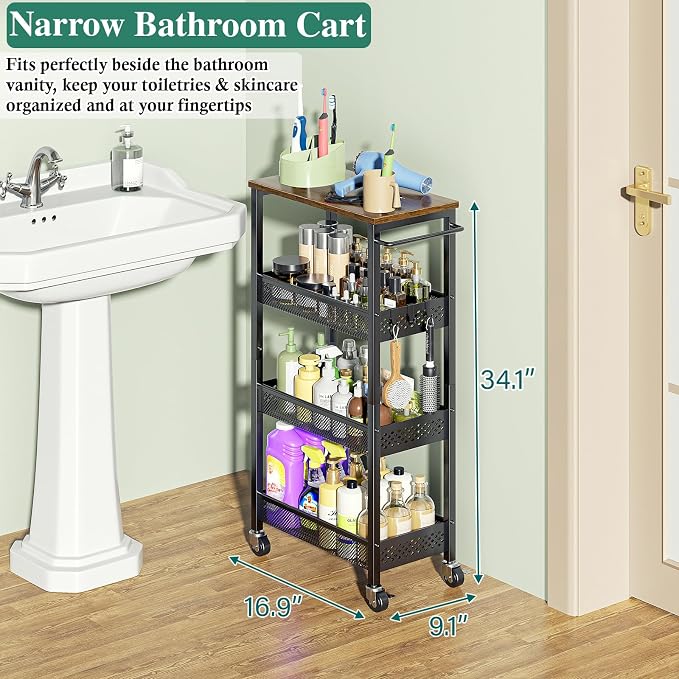 Utility Slim Storage Cart, 4-Tier Narrow Bathroom Organizer and Storage Cart - Image 2