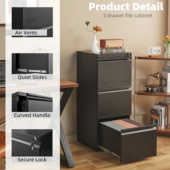 Metal File Cabinet with Lock, Vertical 3 Drawer File Cabinets - Image 4