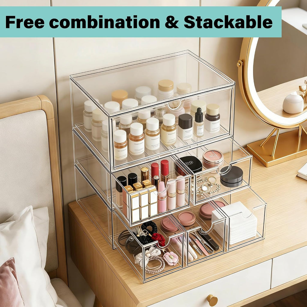 Prsildan Acrylic Makeup Organizer Stackable Clear Storage Drawers for