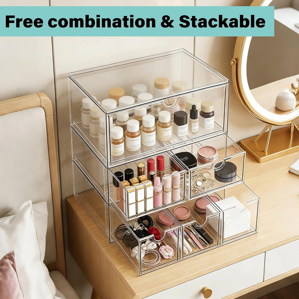 Prsildan Acrylic Makeup Organizer Stackable Clear Storage Drawers for