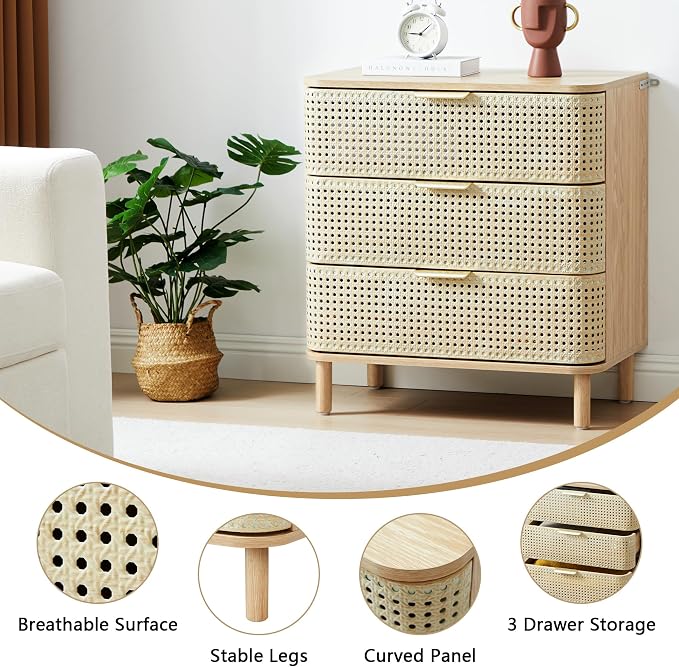 ORRD 3 Drawer Dresser, Modern Iron Rattan Cabinet Dresser - Image 4