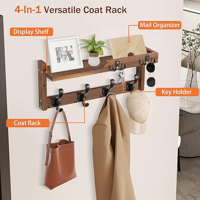 Coat Rack Wall Mount with Shelf, Coat Hanger Wall Mount with Key Hooks and Mail - Image 4