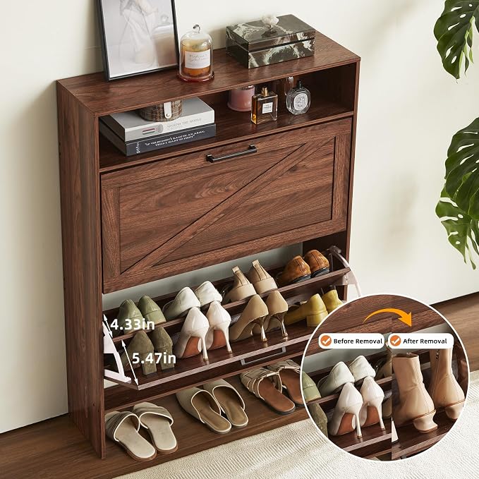 Shoe Storage Cabinet with 2 Flip Drawers, Farmhouse Narrow Shoe Organizer with - Image 3