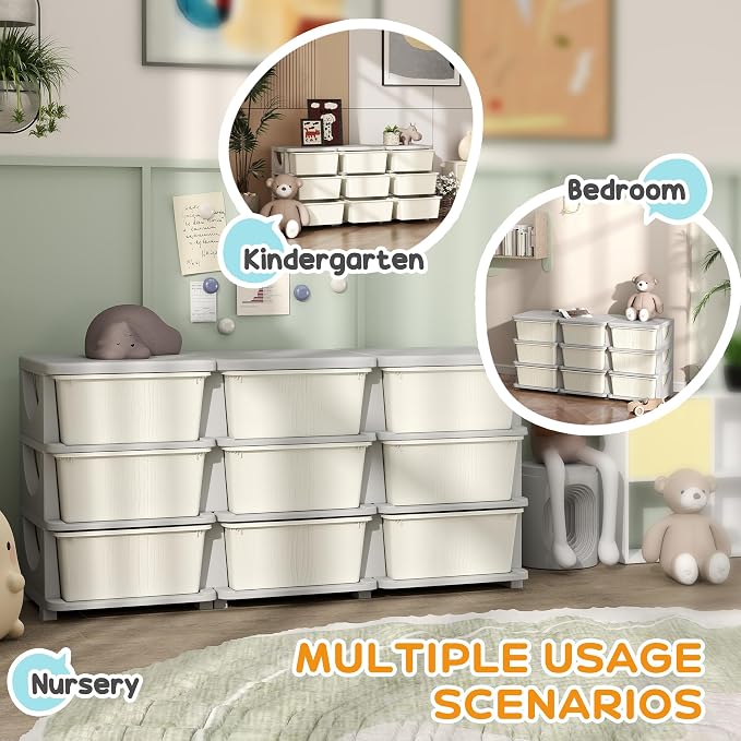Qaba 3 Tier Kids Storage Unit, 9 Drawer Chest Toy Organizer Plastic Bins - Image 5