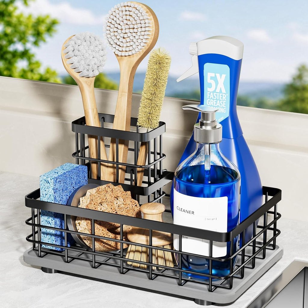 Extra Large Sink Caddy with Drying Stone, Sponge & Brush Holder for