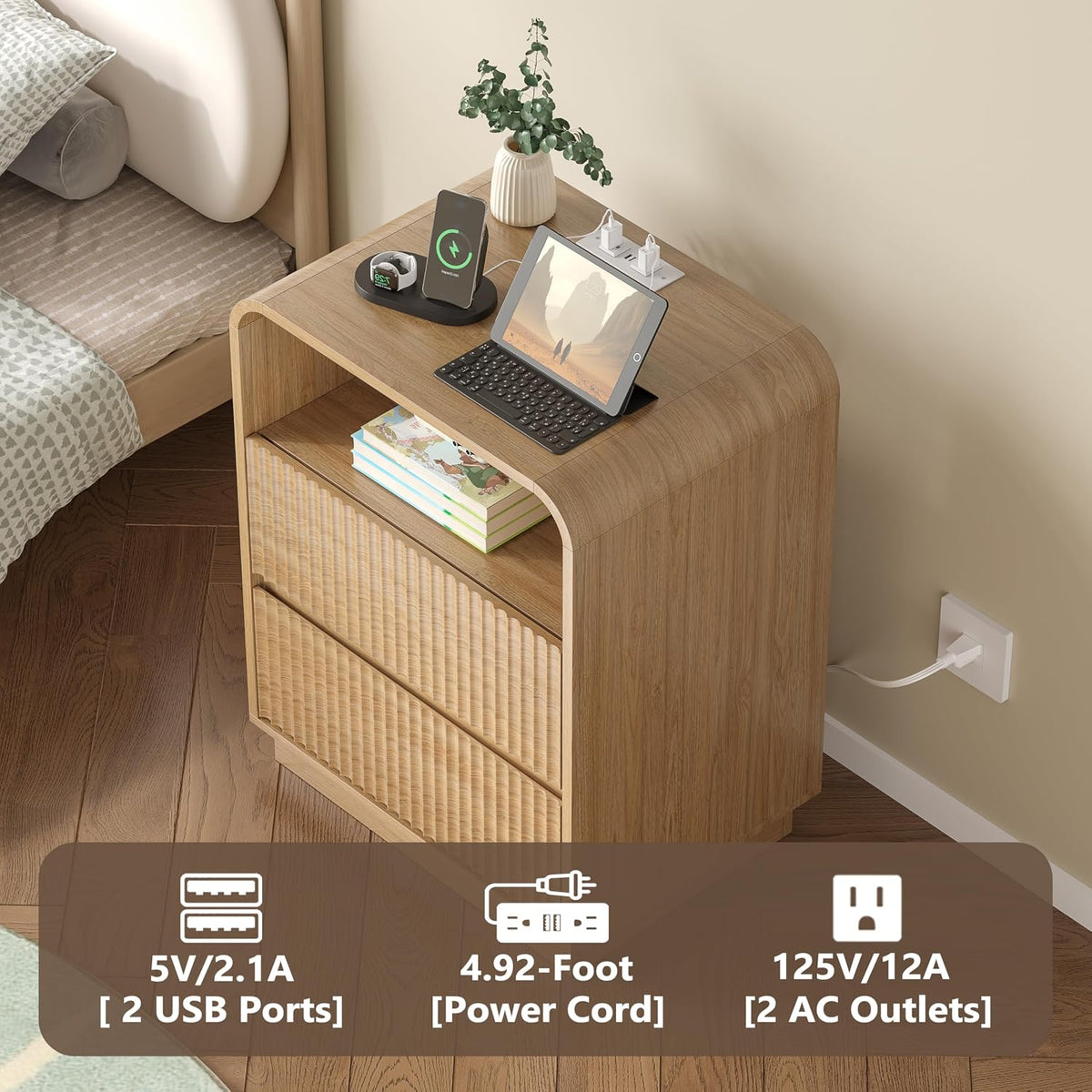 BORNOON Dresser with 2 Drawers and Charging Station, Fluted Bedside