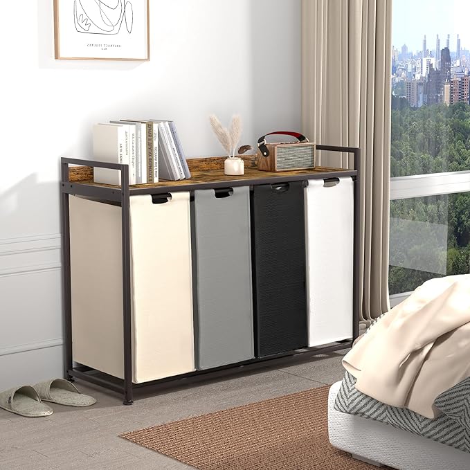 Laundry Hamper with Shelf, Laundry Basket 4 Section, Laundry Sorter with - Image 3
